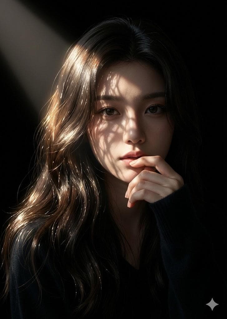 A close-up photographic portrait of a young East Asian woman with long, wavy dark brown hair illuminated by soft rim lighting. Rays of sunlight pass through foliage, casting delicate intricate leaf shadows across her face and forehead. She has a contemplative expression with one hand softly resting near her lips, wearing a dark navy blue sweater The background is completely dark…