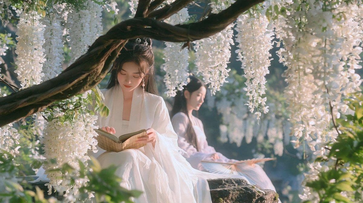 紫藤花谷,坐石读书 场景设定:【幽静山涧+巨型紫藤+花下读书+薄云春晴】。 生成一幅中式巨物美学画面,横向16:9构图,真实古装人物、细腻植物材质、东方诗意的电影光影,聚焦垂落紫藤花序之间的读书瞬间。 【巨物与空间】 古老巨型紫藤从山涧两侧攀生,自然弯曲的木质藤干横越上方,垂下长度约为人物身高八倍的花序。每簇花序仍由清楚可辨的蝶形小花组成,花朵从根部到末端逐渐疏小。花帘在一块临水平石周围围合,中央留出可坐可行的主要空间,远处连续花序延伸至山涧深处。 【人物与生活】 一位成年汉服女子身着月白交领长裙,坐在平石上低头读一本线装书;另一位身着淡紫衣裙,安静坐在稍后方,团扇自然搁于膝上。两人全身比例真实,双脚落在石面,衣裙顺着石缘垂落。人物尺寸与书本、团扇一致,与巨大花序形成明确对比。 【镜头与构图】…