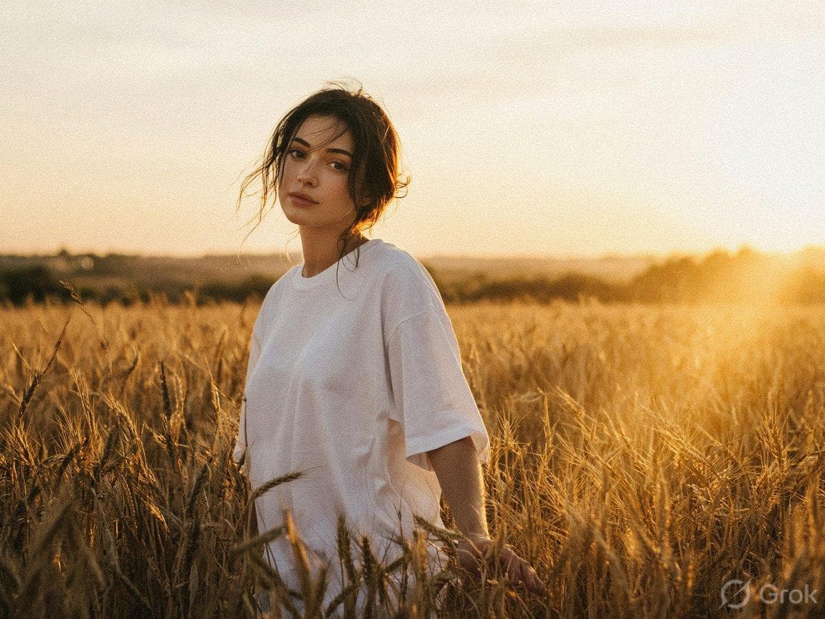 Warm golden hour film portrait, young woman walking slowly through a tall golden wheat field, glancing calmly toward the camera with open eyes, oversized white tee, her hand brushing the wheat tops, low evening sun glowing through the stalks, warm haze and soft halation…