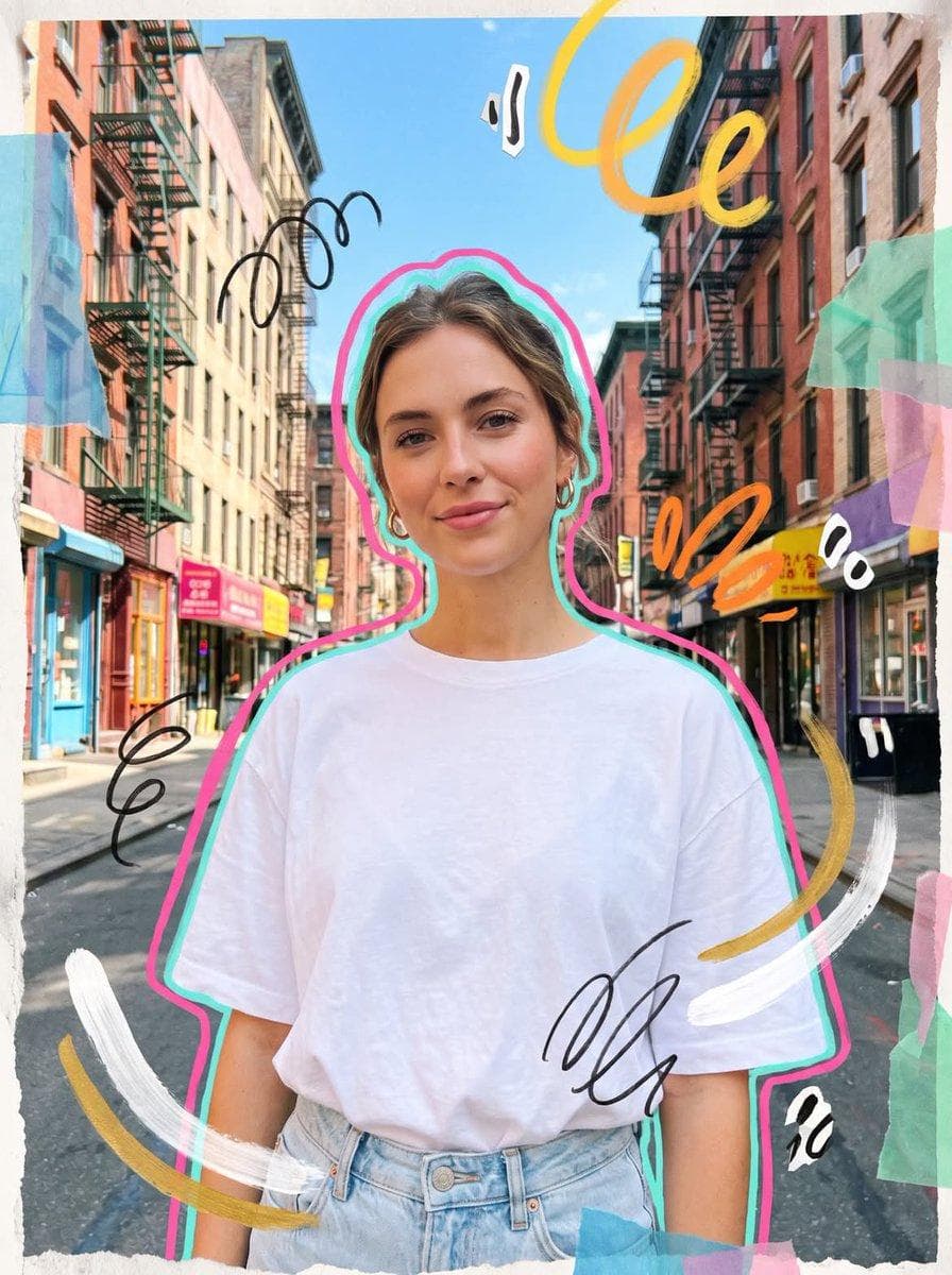 Photorealistic mixed media collage street portrait of a young woman on a bright city street, medium close up, slightly low angle, looking directly at camera with a soft closed mouth smile. Outfit: oversized white t shirt tucked into light denim or tailored trousers, minimal gold hoop earrings, clean styling. Background: sunlit urban street with tall buildings, fire escapes, shopfronts, bright blue sky. Vibrant, airy, uplifting mood. Strong handcrafted mixed media treatment: bold hand drawn contour lines in hot pink and aqua tracing her silhouette, plus playful abstract brushstroke loops, loose marker swirls, torn translucent color paper fragments, hand painted curved strokes, irregular doodle accents, floating cutout style graphic shapes. Energetic but not chaotic…