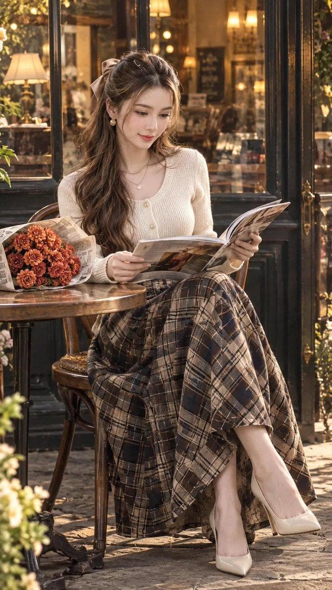 A vertical, full-body photograph of a stylish young East Asian woman sitting at a vintage outdoor café table, looking down at an open magazine with a soft smile. She is wearing a cream-colored long-sleeved ribbed cardigan and a long, pleated multi-colored brown plaid skirt. Her long wavy brown hair is half-up in a beige bow. On the round wooden table sits a bouquet of dried rust-orange flowers wrapped in newspaper. She wears cream-colored high heels, seated on a wooden…