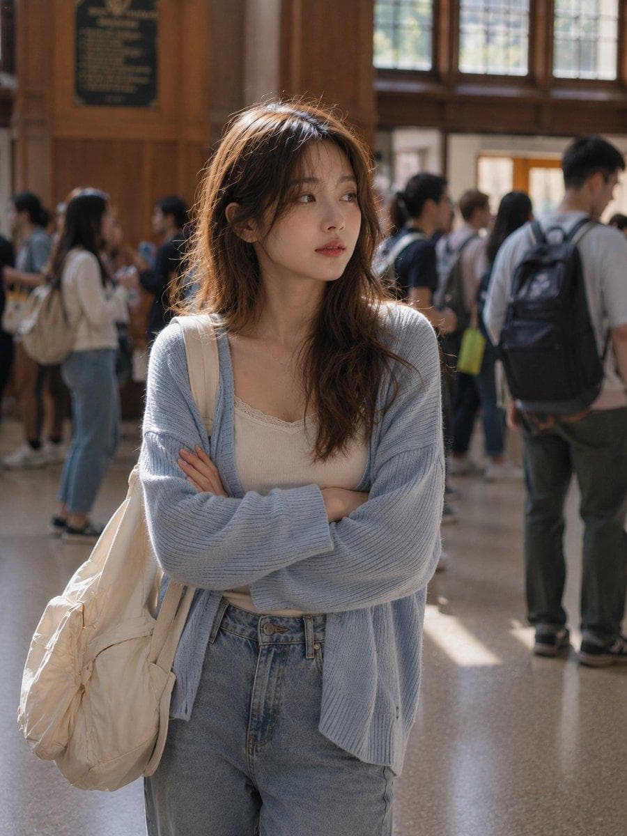A photorealistic vertical candid portrait of a young woman standing indoors in a busy university or academic building. She has long, softly wavy light-brown hair with a center part and natural face-framing strands. She wears a light-blue oversized knit cardigan over a simple cream camisole and high-waisted relaxed blue jeans. A large cream-colored backpack hangs naturally from one shoulder. She stands with her arms comfortably crossed, looking slightly to the side with a calm, thoughtful expression. Around her are several other students casually talking and walking, softly blurred in the background. The setting features warm wooden architectural details, large bright windows, and natural daylight streaming…