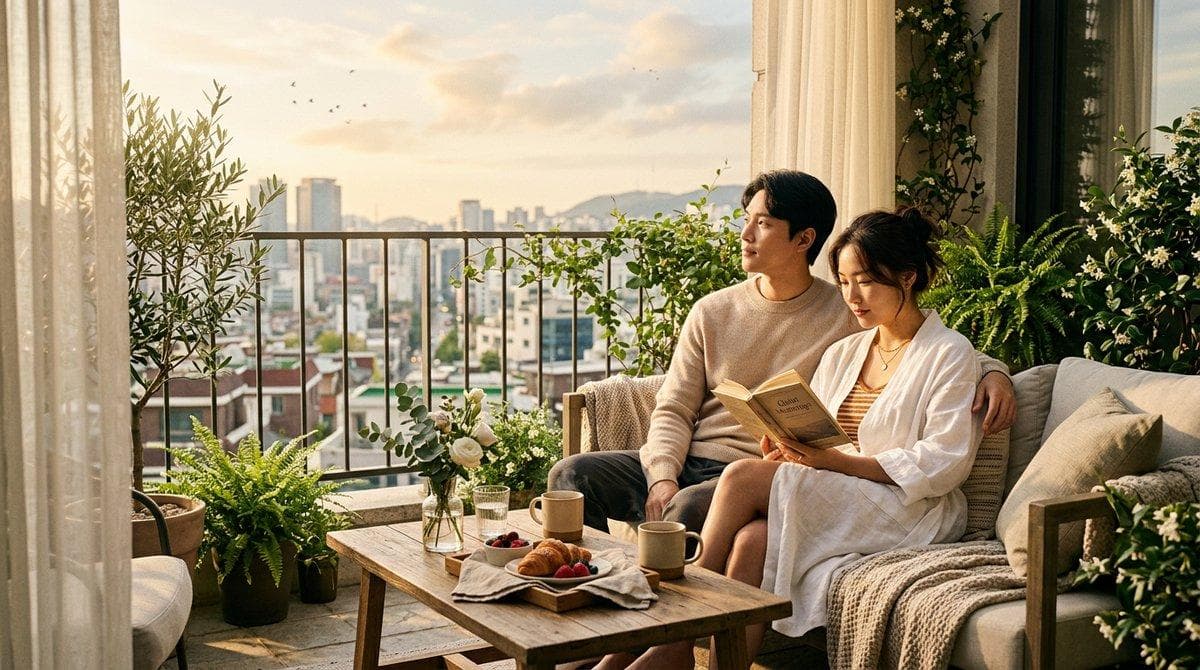 Sunday Morning — Quiet Luxury Ultra-realistic cinematic Sunday morning scene, Asian young couple relaxing on a beautiful apartment balcony, dressed casually in soft weekend clothes, sitting close together with warm coffee mugs, one person reading a book while the other looks out at the peaceful city. Golden early-morning sunlight filtering through sheer curtains and balcony plants, gentle breeze moving the fabric, fresh flowers and a small breakfast tray on the table, subtle steam rising from coffee. Background shows a beautiful modern city waking slowly, distant rooftops glowing in warm sunlight, birds in the sky. Natural candid expressions, intimate but not posed, peaceful Sunday…