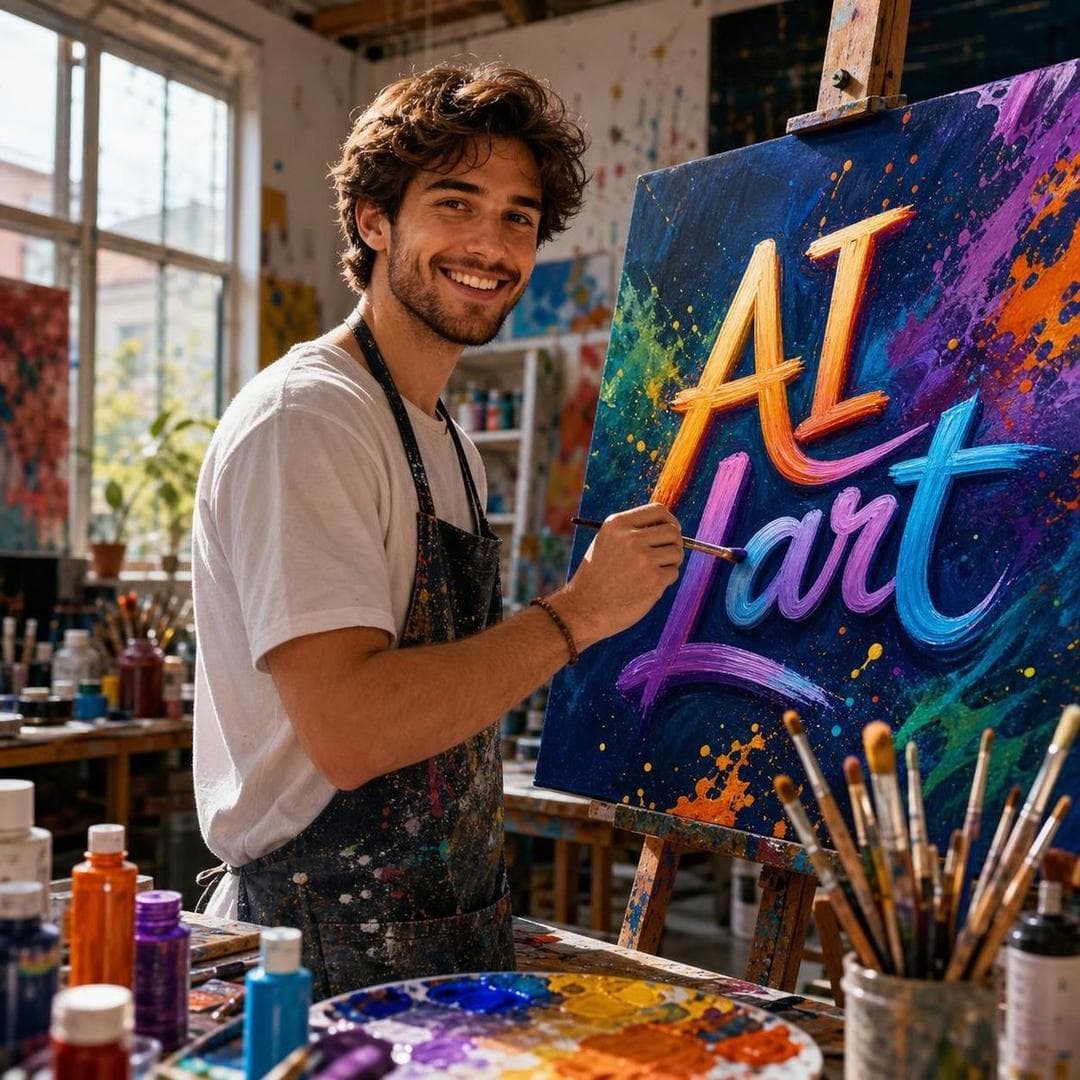 Prompt 1 – Colorful AI Lart Painting Studio (Day Scene, 8K) A talented young male artist standing inside a bright, modern art studio, happily painting on a large professional canvas with the glowing words "AI Lart" written in beautiful artistic lettering. Vibrant acrylic paints, colorful brushes, paint splashes, and creative art supplies surround him. Warm sunlight streams through large windows, illuminating the room with bright natural light. Rich blue, orange, yellow, purple, and green colors create a lively atmosphere. Highly detailed facial features, realistic hands, cinematic composition, ultra-detailed textures, vibrant colors, depth of field, volumetric sunlight, HDR, masterpiece, fantasy realism, hyper-realistic, ultra-sharp focus, 8K quality, 1080×1080 Full HD. Prompt 2 Dark Neon AI Lart Painting Studio (Night Scene, 8K) A skilled young male artist standing inside a dark cinematic art studio, carefully painting on a large professional canvas displaying the glowing words "AI Lart" in bold artistic lettering. Blue, purple, red, and orange neon…