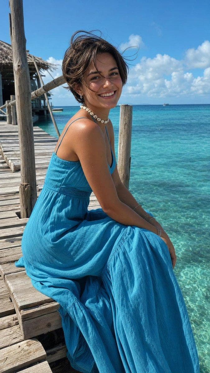 Ultra-realistic cinematic summer portrait of a young woman sitting on a rustic wooden pier above crystal-clear tropical water, vertical 4:5 composition. She wears a flowing turquoise-blue cotton maxi dress with thin straps, a fitted waist, subtle textured fabric, and a long flowing skirt. She wears shell jewelry…