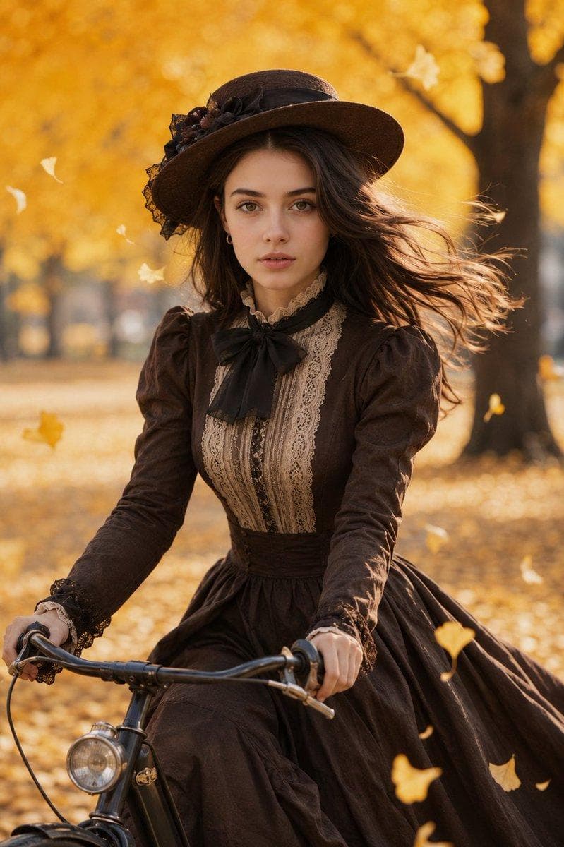 An ultra-realistic, cinematic portrait of a beautiful young woman riding a vintage black bicycle through an autumn park. She is wearing an elegant, dark brown Victorian-style dress with detailed lace trim, a high ruffle collar, a black bow tie, and a matching wide-brimmed vintage hat. Her long dark hair is caught in a gentle breeze, flowing dynamically behind her. The background features brilliant, golden-yellow ginkgo trees with autumn leaves softly falling…