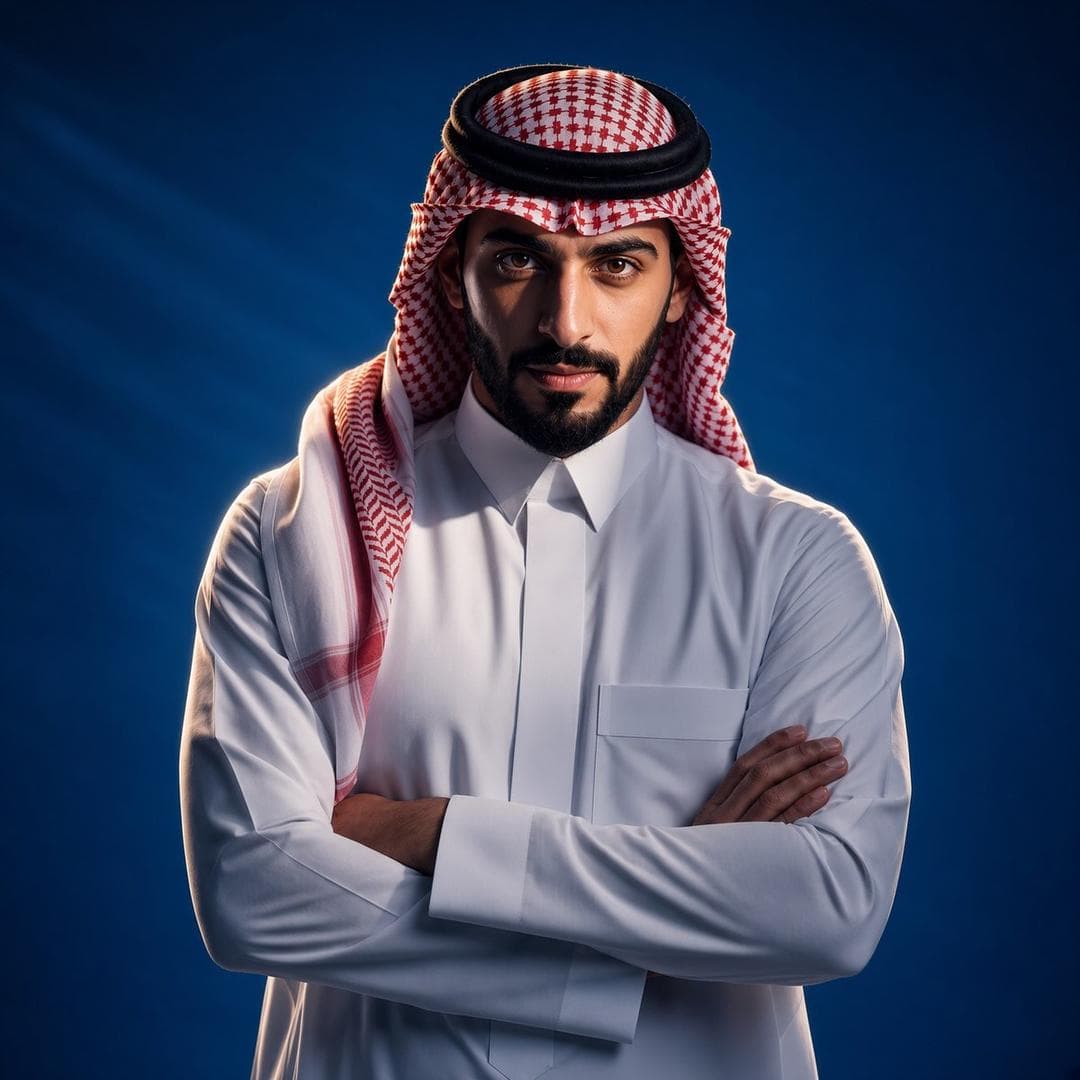 A powerful cinematic portrait of a confident young Saudi man with short black beard and mustache, wearing traditional white thobe and red-and-white checkered shemagh with black agal, arms crossed over his chest, intense focused gaze looking at the camera, strong dramatic cinematic lighting with deep side light and rim…
