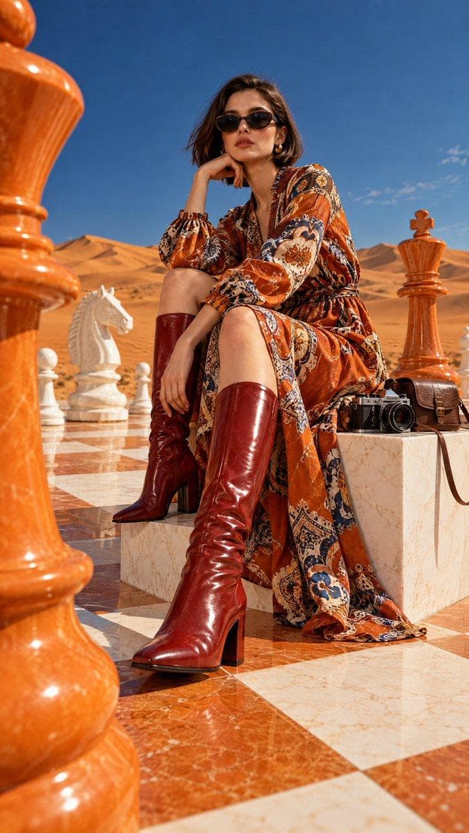 { "prompt": { "aspect_ratio": "9:16", "style": "surreal high-fashion editorial photography, cinematic realism", "scene": "vast orange desert with a giant orange-and-white marble chessboard under a deep blue sky", "character": { "subject": "young European woman with a sleek dark-brown bob haircut, fair skin and elegant features", "outfit": "burnt-orange patterned luxury dress with blue, white and beige details, tall glossy red knee-high boots, dark oval sunglasses", "pose": "sitting sideways on a white pedestal, one leg extended forward and the other bent, one elbow resting casually on her raised knee while she turns toward the camera with a confident fashion-editorial attitude", "expression": "cool, confident, slightly mysterious" }, "composition": { "framing": "medium-full shot, slightly closer than the original", "camera_angle": "low-angle three-quarter view", "focus": "character dominates the frame while oversized chess pieces remain visible around her", "foreground": "large orange chess piece partially framing one side of the image", "background": "softly visible desert dunes and deep blue sky" }, "props": "oversized glossy orange and white chess pieces, vintage camera and brown…