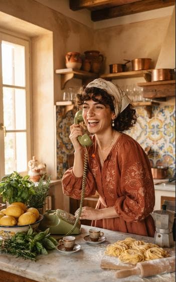 Create a beautiful young Italian woman with olive-fair skin, warm brown eyes, and curly dark bob hair. She wears a luxurious terracotta linen dress with embroidered sleeves, vintage pearl earrings, and a cream head scarf. She is laughing while holding an avocado green rotary telephone beside an old marble kitchen counter filled with fresh lemons, herbs, espresso cups, and handmade pasta. Background features colorful ceramic…