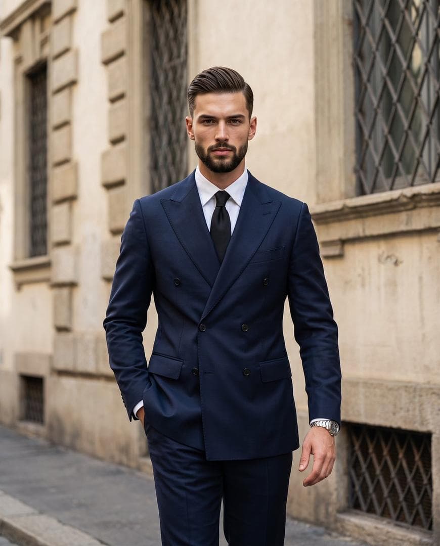 A photorealistic menswear street style portrait of a handsome male with a strong jawline confidently walking straight toward the camera. He wears a sharp, tailored dark navy blue double-breasted suit with prominent peak lapels, a crisp white dress shirt, and a solid black tie. His medium-length hair is slicked back with a glossy product, capturing natural slight waves and a few distinct loose flyaway strands. His facial expression is serious and intense as he gazes slightly off-camera to the left. He is captured mid-stride with his left hand casually tucked deep into his suit trouser pocket, fingers fully concealed, while his right arm swings naturally at his side with fingers slightly curled inward, revealing a silver wrist watch. The subject is centrally framed against an outdoor European street setting with a shallow spatial depth that slightly softens the background. Directly behind him is a weathered, light beige stucco building facade characterized by deep horizontal rustication grooves with a rough, matte finish. In the slightly blurred background, two worn windows with dark metal diamond-lattice grilles flank the upper left and right. The ground transitions from a simple gray concrete sidewalk to a curb and asphalt street. A sophisticated, classic urban mood is established by soft, diffused natural daylight cascading from above and slightly front-left. This single light source creates medium contrast and casts soft, gradual-edged gray shadows under his jawline, beneath the sharp suit lapels, and gracefully drops a soft shadow onto the building behind him. Subtle specular…