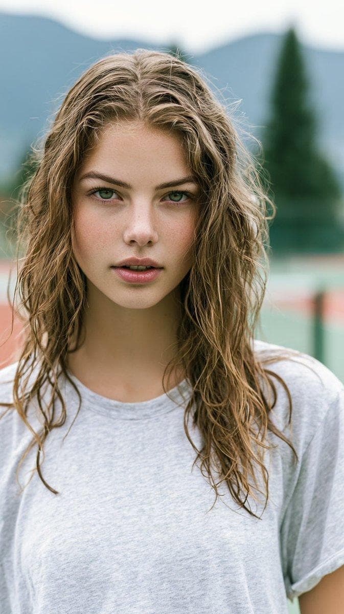 A photorealistic portrait of a stunning young woman on a tennis court. Her wet, wavy hair, light natural makeup, and soft freckles exude a clean, athletic look. The background features softly blurred alpine mountains and evergreen trees. Shot on a full-frame…