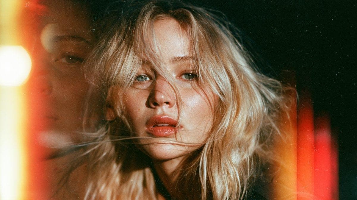 Stereoscopic photo of Jennifer Lawrence, Kodak Ektar 100 colour negative 35mm film, film damage, film grain dust and scratches, creative gold yellow orange red light leaks…