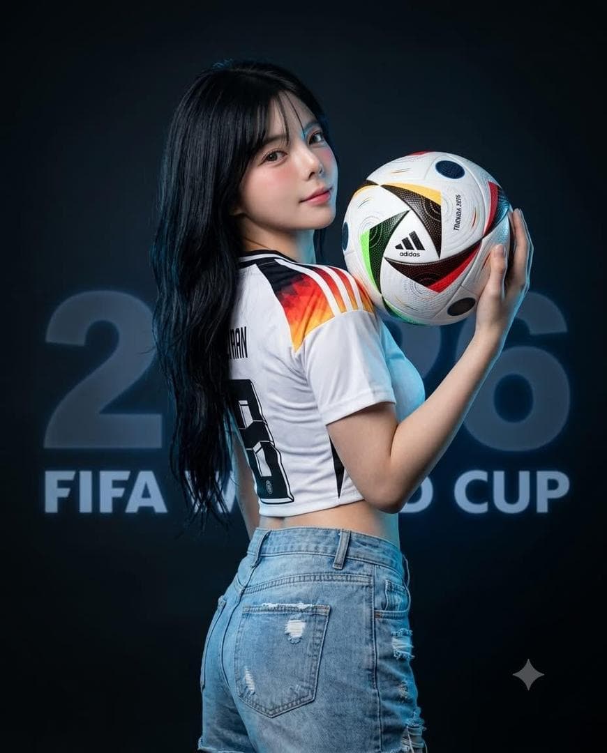 Use face and hair style from attached photo subjec : Photorealistic high-fashion editorial portrait of a beautiful young Asian woman holding a ADIDAS TRIONDA 2026 soccer ball pose: looking to camera from her shoulder shoot tecnic: 3/4 body shoot on behid camera dutch style 35° left angle with Nikon D780 85mm f/2.8 make up : Slightly pink blush with pink lips looks cute and beautiful outfit : random fitted crop top national team home jersey with the random number Countries that participate in the 2026 World Cup and distressed light blue…