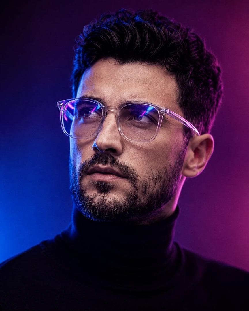 Create an ultra-realistic cinematic close-up portrait using the uploaded face as the exact identity reference. Preserve 100% of the person's facial structure, proportions, skin texture, eye shape, eyebrows, nose, lips, hairstyle, beard, expression, and all unique facial features. Depict the subject wearing modern oversized transparent-frame glasses, gazing upward with a thoughtful, visionary expression. Illuminate the scene with dramatic neon lighting in vibrant purple, magenta, and electric blue tones, casting soft gradients across the face and creating vivid reflections in the lenses. Use a clean minimalist gradient background with a futuristic atmosphere. Capture every skin pore, beard strand, and hair texture with exceptional realism. Soft…