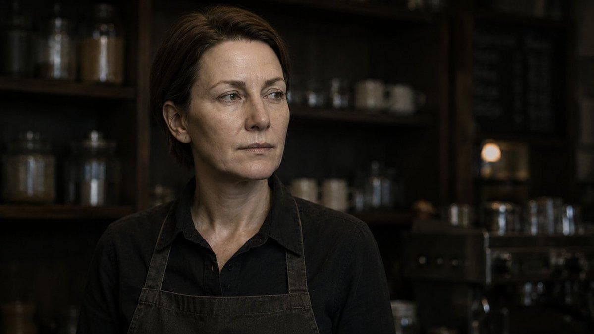 Create an original cinematic photographic portrait of a female barista in her 40s inside a dim rustic café. She has short brown hair, light skin, natural facial lines, and a calm, thoughtful expression, looking slightly off camera to her left. She wears a black button up work shirt and a worn dark apron with visible fabric texture. Behind her are dark wooden shelves filled with coffee jars, cups, and café tools, with a softly blurred espresso machine in the background. Use warm low key lighting, shallow depth of field…