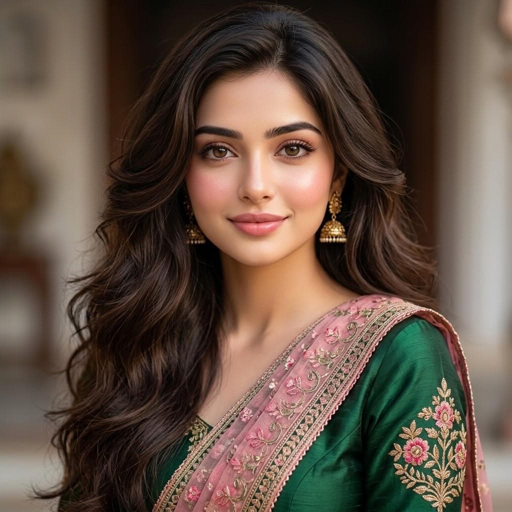 A high-quality, close-up portrait of a beautiful South Asian woman with long, voluminous, wavy dark brown hair cascading over her shoulders. She has elegant facial features, warm brown eyes, and a soft, sweet smile with her lips closed (no teeth showing). She is wearing traditional green attire with intricate floral…