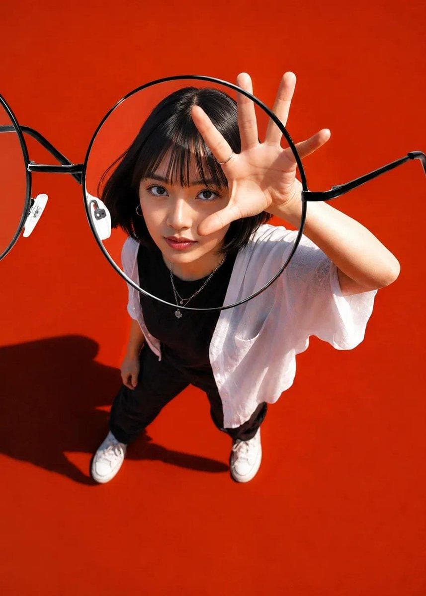 Using the uploaded image and without changing face, create a hyper-realistic high-fashion optical advertisement featuring an oversized black round eyeglass lens perfectly aligned over the subject's face, creating a natural magnification effect. Capture the scene from a dramatic top-down ultra-wide perspective with the subject reaching an open hand toward the camera, creating strong forced perspective. Style with a sleek black bob haircut, layered silver necklaces, minimalist black-and-white outfit, warm terracotta seamless background, bold graphic layout, subtle editorial typography, crisp…