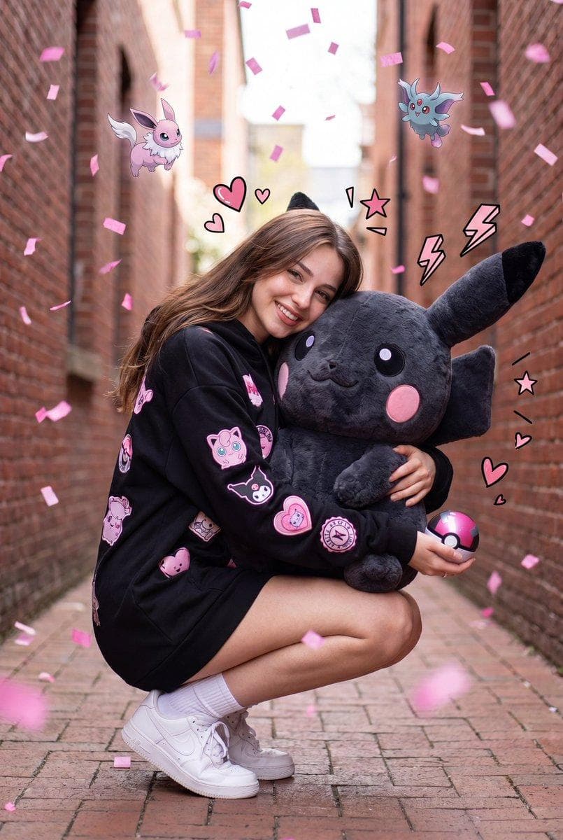 A hyper-realistic full-body portrait of a cute young woman crouching in a narrow urban alleyway, hugging a giant fluffy pink Pikachu-inspired plush toy. She is wearing an oversized pastel pink hoodie dress decorated with adorable kawaii patches, hearts, bows, stars, and cute character-inspired badges, paired with white crew socks and clean white sneakers. She is smiling warmly at the camera while holding a shiny pink heart-shaped accessory in one hand. Long soft brown hair, natural makeup, youthful appearance. The alley is lined with red brick walls on both sides, creating cinematic depth and perspective. Multiple floating pink Pikachu-inspired creatures and other adorable pastel fantasy characters hover around her in mid-air. Colorful pink and white confetti rains throughout the scene, with playful comic-style doodles, speech bubbles, hearts, stars, sparkles, bows, exclamation marks, and question marks scattered around. Bright cheerful atmosphere, dreamy pastel pink color palette, magical fantasy feeling. Ultra-detailed fluffy fur texture on the plush toy, realistic skin texture, soft natural daylight, shallow depth of field, creamy bokeh background, dynamic composition, centered framing, high-end DSLR photography, 85mm lens, f/1.8, cinematic…