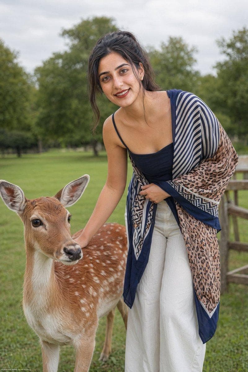 A hyper-realistic, full 4K resolution outdoor portrait photograph of a young woman with light skin and brown hair styled in a high ponytail with loose face-framing strands, bending forward at the waist to gently pet a young spotted fallow deer. She has a warm, genuine smile showing teeth, soft glowing dewy skin with visible natural pores and texture, deep red lipstick, subtle under-eye definition, and small gold stud earrings catching the light. She wears a flowing multi-pattern silk scarf wrapped loosely around her shoulders and one arm, featuring a mix of geometric tribal print, blue and white chevron stripes, navy color-blocking, and a tan leopard-print panel, draped over a navy spaghetti-strap top that exposes one shoulder. She pairs this with high-waisted ivory wide-leg trousers, fabric showing natural creases and weight. Her right hand rests affectionately on the deer's back, fingers gently curled into the fur. The deer is a young fallow deer with large alert upright ears showing fine internal fur detail and visible veining, white-spotted reddish-brown coat with individually discernible hairs, dark glassy eyes with catchlight reflections, and a moist black nose, standing calmly facing slightly left toward camera, positioned in the lower left foreground of the frame. Setting: an open grassy park with a soft-focus background of green lawn, scattered deciduous trees, and a low wooden fence rail visible on the right edge. Natural overcast…