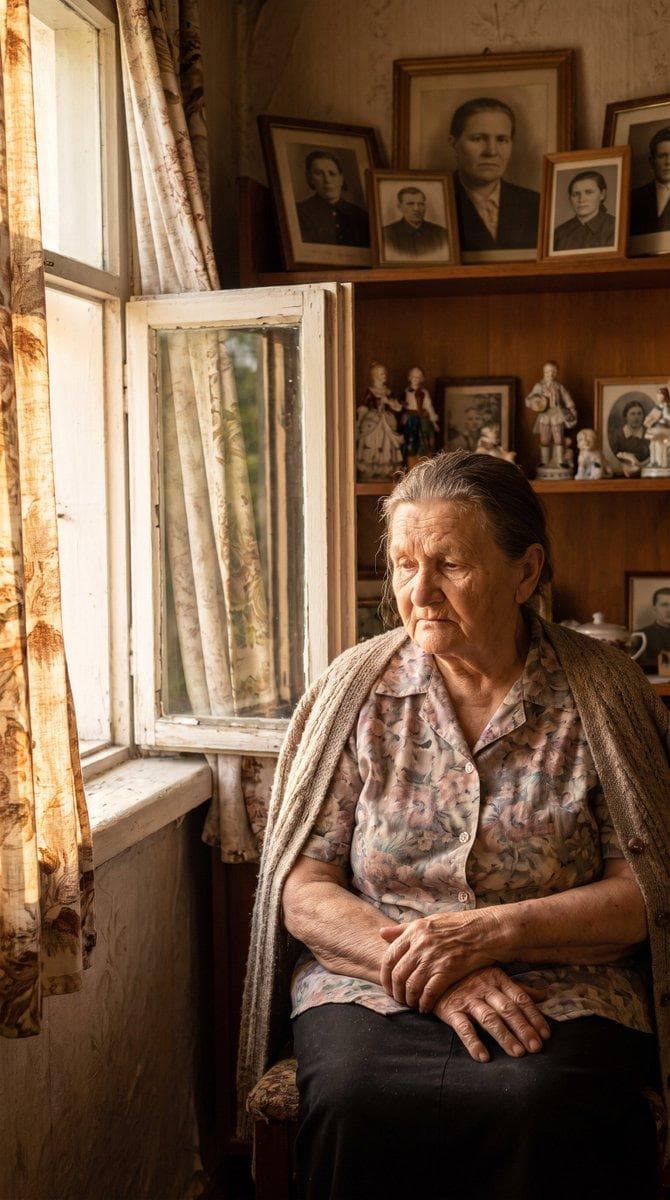 Extremely realistic emotional photograph of an elderly mother sitting beside an open window in a modest home during late afternoon, quietly waiting for her son to return, hands resting naturally in her lap, realistic wrinkles and skin texture, slightly faded traditional clothing, sunlight illuminating one side of her face, old photographs and everyday household objects visible behind her, curtains…
