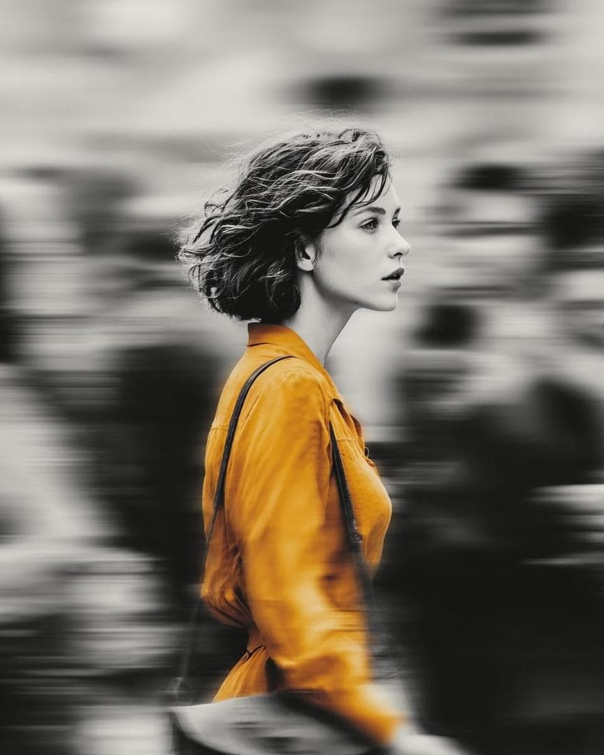A cinematic street portrait of a beautiful young woman wearing a vibrant mustard-yellow coat while walking through a busy city crowd. The woman remains perfectly sharp and in focus as the surrounding pedestrians dissolve into dramatic horizontal motion blur, creating a powerful sense of movement and isolation. Selective color effect: the entire scene is monochrome black-and-white except for the rich golden-yellow coat, which becomes the only vibrant color in the frame. Captured from a side profile with a 50mm lens, shallow depth of field, natural overcast lighting, realistic skin texture, wind-blown short wavy hair, subtle emotional expression, elegant shoulder bag, modern urban fashion, soft cinematic contrast, high dynamic range, ultra-photorealistic, editorial fashion photography, magazine cover quality, Leica look, Kodak Portra-inspired tones, crisp facial details, panning photography effect, long…