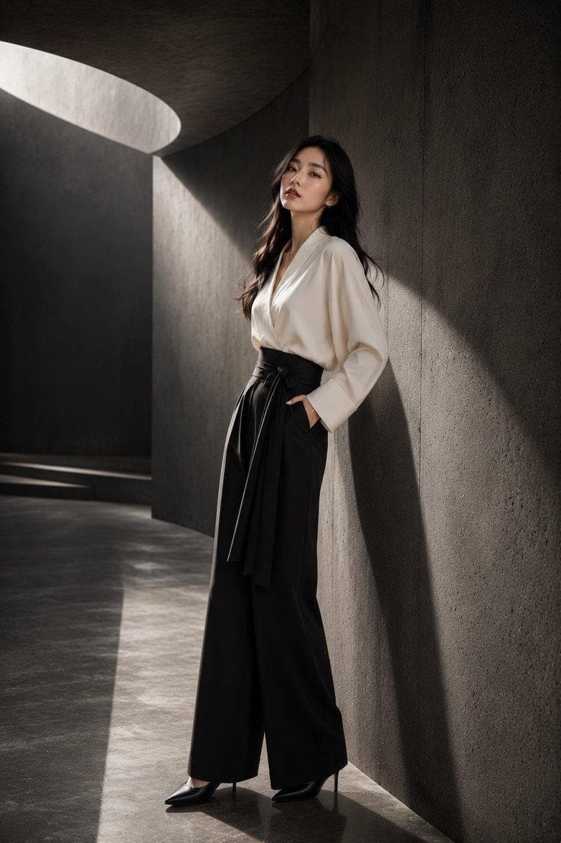 A stunning young Japanese woman in a high-end fashion studio photoshoot, standing gracefully in a contemporary architectural studio designed with large curved concrete walls, textured charcoal surfaces, and soft geometric shadows. She wears an elegant luxury designer outfit in deep ivory and black tones, combining modern Japanese minimalism with high-fashion sophistication. Tailored silhouette, refined accessories, subtle jewelry, and impeccable styling create a timeless editorial look.The studio features a dramatic sculptural environment with layered curved walls, smooth polished concrete flooring, and subtle atmospheric haze. No distracting props. The entire composition is focused on her presence, beauty, posture, and expression. Cinematic lighting setup with a large overhead softbox creating soft directional illumination, complemented by subtle side rim lights that sculpt her silhouette.Deep shadows, rich contrast, and controlled highlights create a luxurious fashion-magazine atmosphere. Natural skin texture, flawless yet realistic complexion, elegant hairstyle with soft movement, confident gaze, and graceful posture. Ultra-realistic DSLR photography, luxury women's fashion editorial, Vogue-level campaign aesthetic, shallow depth of field, 85mm lens, f/1.8, tack-sharp focus on the model, exceptional fabric…