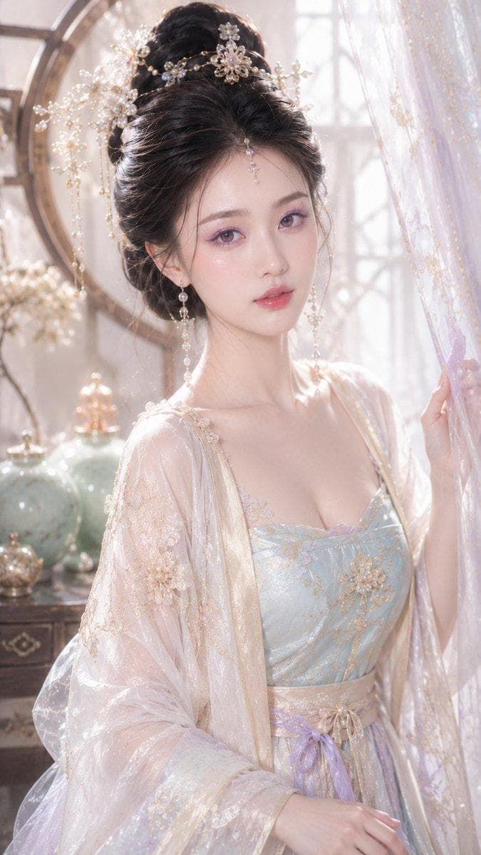 9:16 竖版,古风贵女梦幻水光妆写真,东方古风贵女美妆特写,胸像到腰部以上近景构图,正面轻侧身,人物身体轻微形成柔和 S 型轮廓,镜头距离较近,脸部与上半身占画面主体。画面主体是一位年轻成年东方女性,视觉年龄约 20–28 岁,明确成年,世家小姐气质,梦幻、温柔、清贵、含蓄、富养、精致,姿态优雅安静,眼神柔和看向镜头,嘴唇微微张开,带一点含蓄的柔媚感但不低俗。 人物五官精致柔和,小巧鹅蛋脸,面部轮廓流畅,面中饱满,下颌线干净,清亮杏眼,眼尾微微上扬,鼻梁秀气挺直,唇形柔软饱满,皮肤瓷白细腻通透,带明显水光质感。妆容为淡紫琉璃珠光水光妆,妆感清晰精致可见,不要淡妆感。眼妆为淡紫玫瑰棕渐层眼影,眼窝有清晰淡紫铺色,眼尾玫瑰棕轻微加深,下眼睑有淡紫珠光,卧蚕珍珠光明显可见,睫毛根根分明,细致干净眼线。面中腮红柔和但清晰可见,带淡粉玫瑰气色。鼻梁、鼻尖、眼下、颧骨、唇峰有细腻水光高光。唇妆为浅玫瑰玻璃唇,唇面有明显透明水光层、湿润反光和果冻光泽。 服装为轻华丽精致的古风贵女襦裙体系,主色为珍珠白、浅金、水青、淡杏白,淡紫只作为局部呼应。服装不要全紫,不要同色滤镜。上身为精致水青玉白抹胸襦裙,带浅金刺绣、淡紫花纹、珍珠细节和细腻花纹绣片,外搭半透明轻纱披帛,纱衣柔软通透,有细密金线刺绣和珠光反射。胸部饱满自然,胸部肌肤大部分被服装包裹,但能看到清晰胸线与自然高光,锁骨、肩颈线、胸线、细腰 and 上半身曲线自然呈现,整体含蓄高级,不裸露低俗。胸前与锁骨区域有柔和水光高光,皮肤细腻有光泽,但不过度油亮。…
