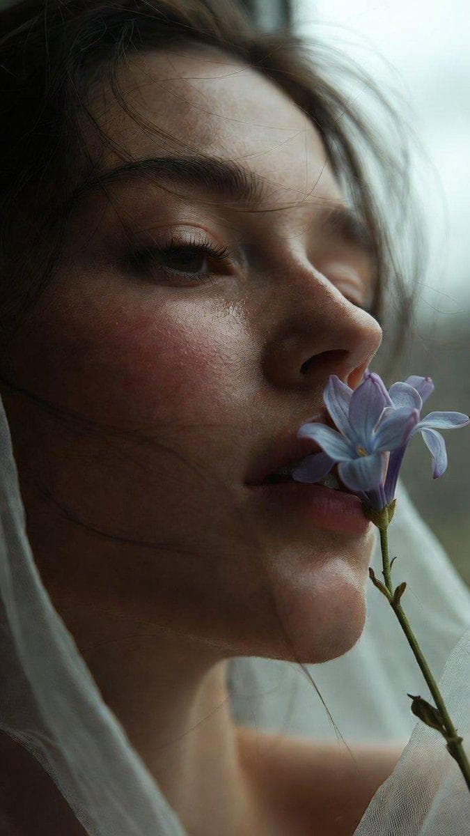 Soft close-up of a woman with eyes half-closed, a single pale lilac flower resting against her lower lip, dewy skin, sheer white fabric at the edge of the frame, overcast…