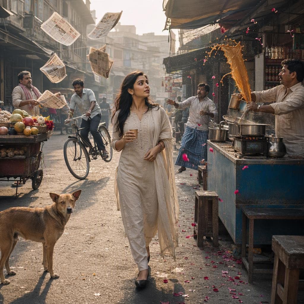 A Morning That Froze in Time Create an original, ultra-realistic cinematic photograph of a busy Indian street market suddenly frozen in time during an ordinary morning. Everything is suspended at the exact same moment: a splash of tea hangs in mid-air beside a roadside tea stall, a bicycle is caught halfway through motion, newspapers float gently above a vendor’s cart, a few falling flower petals remain perfectly suspended, and a stray dog stands completely still looking toward the camera. Only one young Indian woman continues moving normally through the frozen scene. She walks calmly between the motionless people, holding a simple paper cup of tea, looking around with quiet curiosity rather than fear. The scene should feel beautifully strange but completely believable, as if time stopped for everyone except her. Natural Indian street architecture, authentic clothing, realistic shopfronts, subtle morning haze, soft sunlight, imperfect pavement, realistic faces and skin texture, candid documentary photography, shallow…