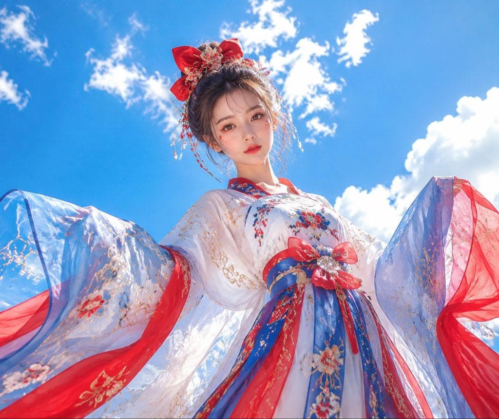 新中式汉服少女写真,童话公主风格,东方幻想角色设计。 年轻女性角色,白皙皮肤,大眼妆,红色唇妆,高盘发,红色蝴蝶结与花朵发饰。 穿蓝白红配色改良汉服,大袖设计,轻纱裙摆,刺绣纹样,公主感造型。…