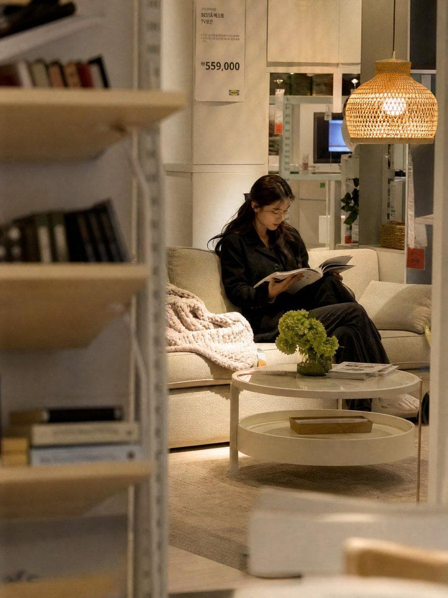 Ultra-realistic DSLR candid photograph of a beautiful young Korean woman quietly sitting alone inside a massive IKEA-style showroom during the last hour before closing. She is testing a cozy living room setup while casually reading a magazine, completely unaware of the photographer. Shot through…