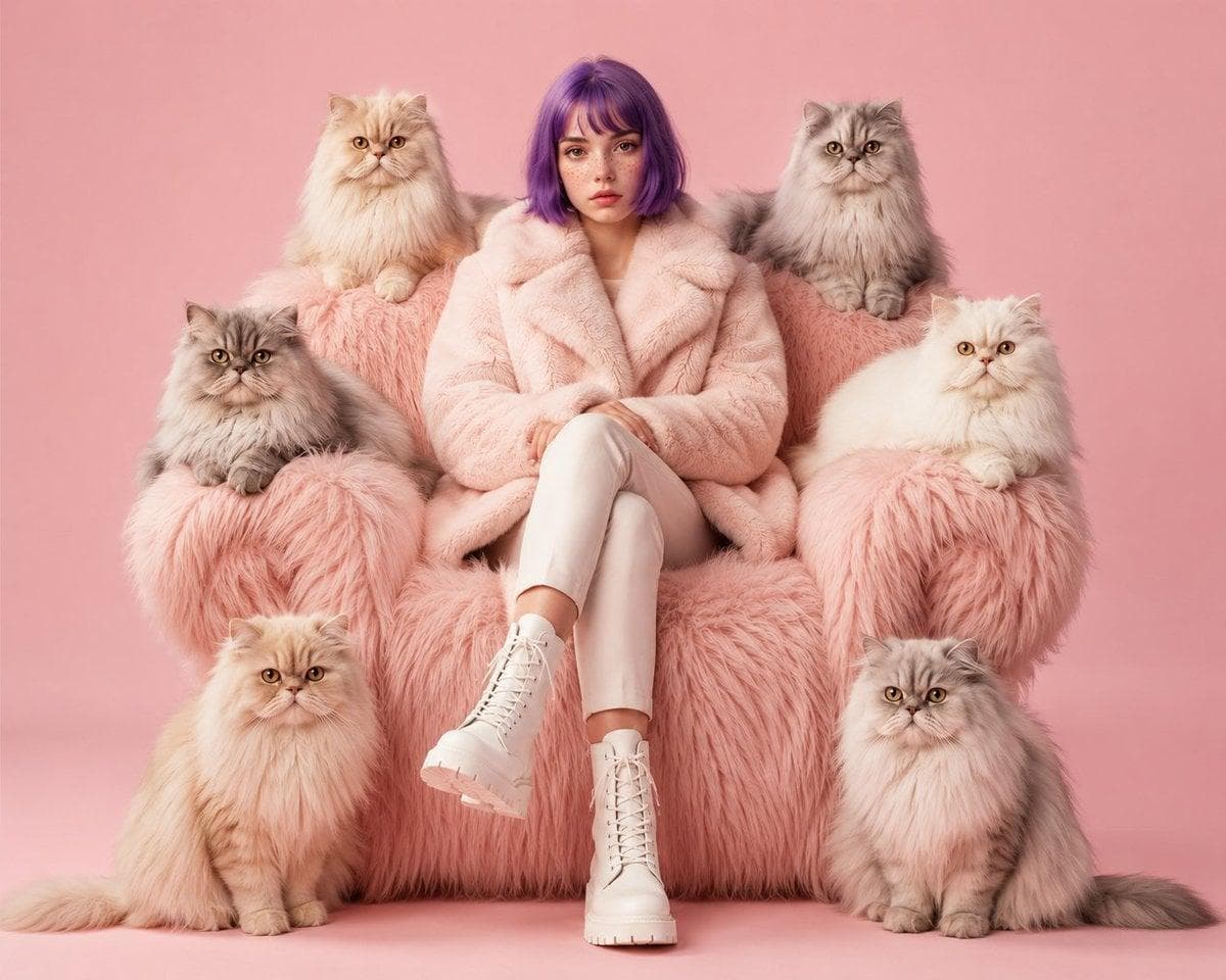 A luxury fashion editorial portrait of a confident young woman with a chic short purple bob haircut and soft freckles, seated elegantly in the center of an oversized plush pastel pink faux fur armchair. She wears a premium pastel pink faux fur coat, fitted white trousers, and clean white lace-up combat boots. Her legs are crossed, hands resting gently in her lap, maintaining a calm, powerful expression while looking directly into the camera. Six majestic long-haired Persian cats are arranged perfectly symmetrically around her—two on the chair's backrest, two on each armrest, and two sitting gracefully on the floor. Their luxurious cream, silver, gray, and white coats complement the soft pastel aesthetic. The entire scene…