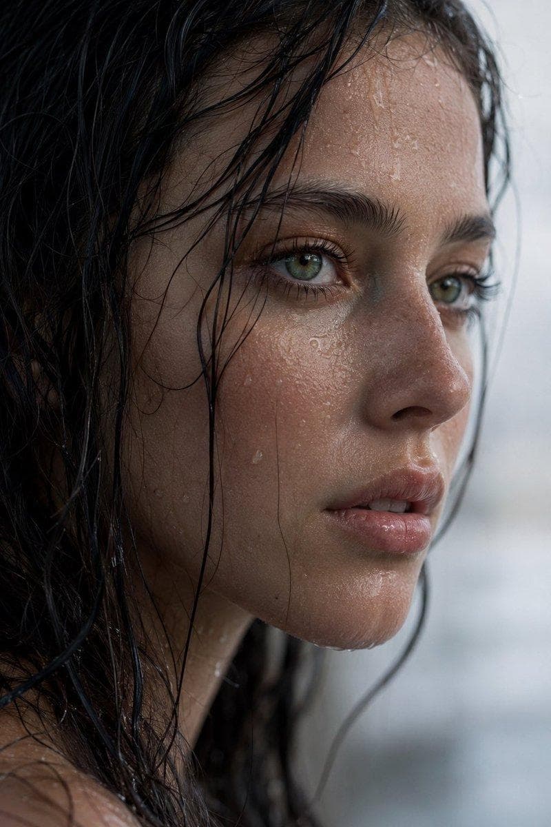 Extreme wet close-up portrait of a young woman in side profile. Dark, rain-soaked hair naturally clinging to her skin and framing her face. Fine water droplets and a delicate layer of moisture glistening realistically across her cheeks, forehead, and jawline. Striking natural green-hazel eyes as the focal point, featuring subtle authentic reflections and lifelike depth without excessive shine. Soft, hydrated lips with realistic texture and a gentle natural gloss. Smooth skin with visible pores and nuanced facial details for maximum realism. Cinematic soft lighting with cool tones, creating a fresh atmospheric mood. Clean light…