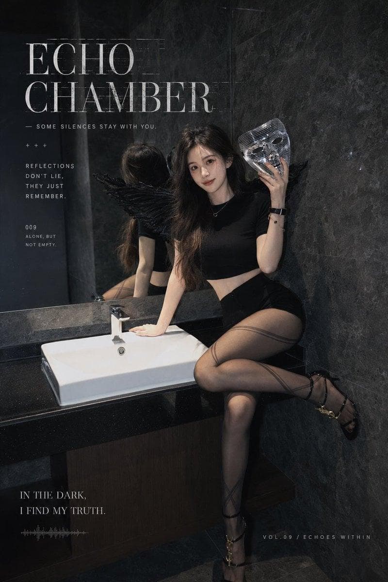 暗黑哥特风时尚杂志写真,成年亚洲女性模特,清冷甜美五官,长卷发,黑色短袖修身露腰上衣,高腰黑色短裙/短裤,半透明灰黑色纹理丝袜,黑色细带高跟鞋,佩戴细项链和黑色腕表,背后有黑色羽毛天使翅膀,手持银色镜面马赛克面具,神秘、孤独、安静、微笑克制的表情。 场景为高级酒店大理石洗手间、黑色大理石墙面、镜面反射、暗色休息区、黑色木饰面、深色空间,低调奢华氛围。整体光线为暗调闪光灯写真,冷灰色调,高对比,局部高光,真实皮肤质感,轻微胶片颗粒,写实摄影,杂志大片质感。 画面加入高级英文杂志排版,大号白色衬线字体,带轻微故障风、划痕、破损、静电干扰效果,文字主题围绕孤独、回声、沉默、黑暗、面具、天使翅膀,例如: “LONELY SIGNAL” “ECHO CHAMBER” “NOISE ANGEL” “MASKED LONELINESS” “SILENT WING” “BROKEN HALO” “SHADOW VEIL” “STATIC HEART” vertical fashion editorial poster, dark gothic angel aesthetic, cinematic flash…